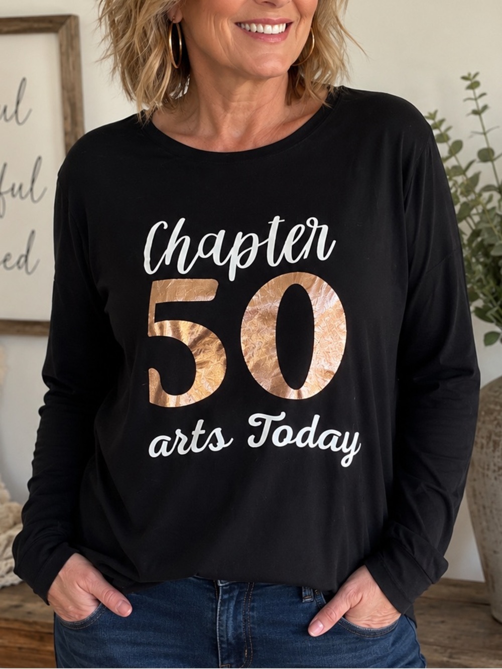 "Chapter 50" Black Long Sleeve Tee with Rose Gold Print Size XL